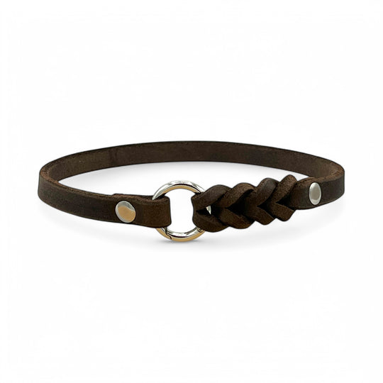schmales Hundehalsband, ideal für Hundemarken, handgefertigt aus robustem Leder in Braun, personalisierbar