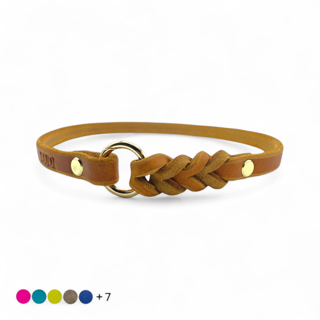 schmales Hundehalsband, ideal für Hundemarken, handgefertigt aus robustem Leder in Cognac, personalisierbar, verschiedene Farben