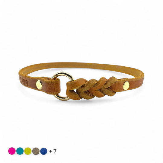 schmales Hundehalsband, ideal für Hundemarken, handgefertigt aus robustem Leder in Cognac, personalisierbar, verschiedene Farben