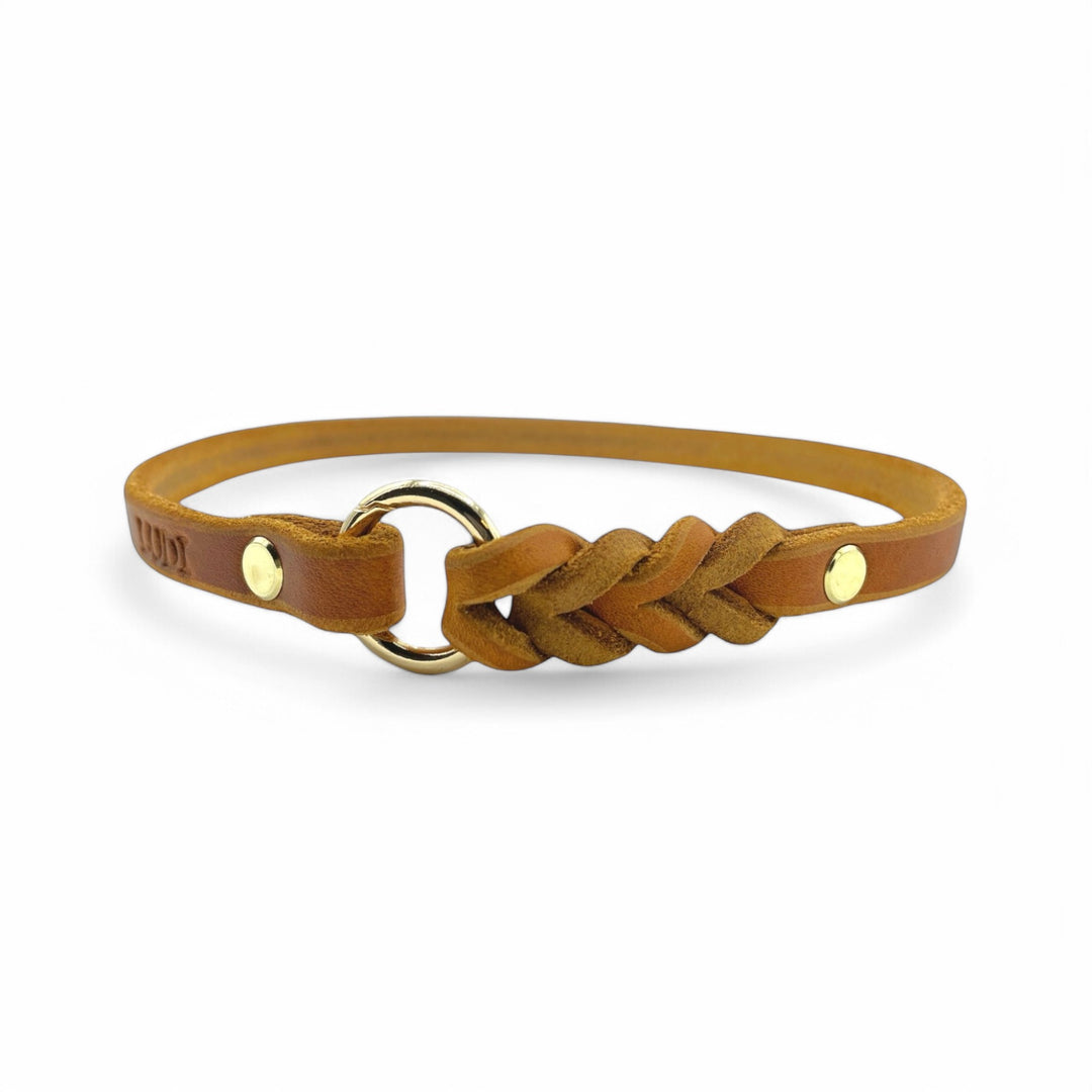 schmales Hundehalsband, ideal für Hundemarken, handgefertigt aus robustem Leder in Cognac, personalisierbar
