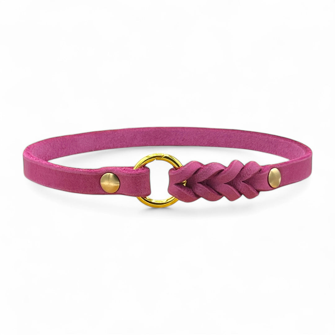 schmales Hundehalsband, ideal für Hundemarken, handgefertigt aus robustem Leder in Pink, personalisierbar