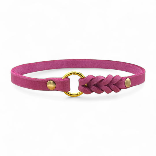 schmales Hundehalsband, ideal für Hundemarken, handgefertigt aus robustem Leder in Pink, personalisierbar