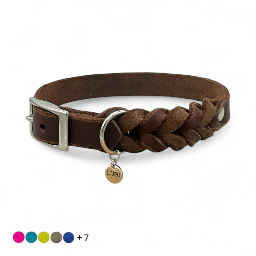 Leder Hundehalsband, ideal für kleine und große Hunde, geflochten und personalisiert, in braun, titelbild
