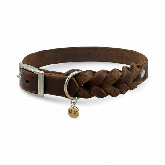 Leder Hundehalsband, ideal für kleine und große Hunde, geflochten und personalisiert, in braun