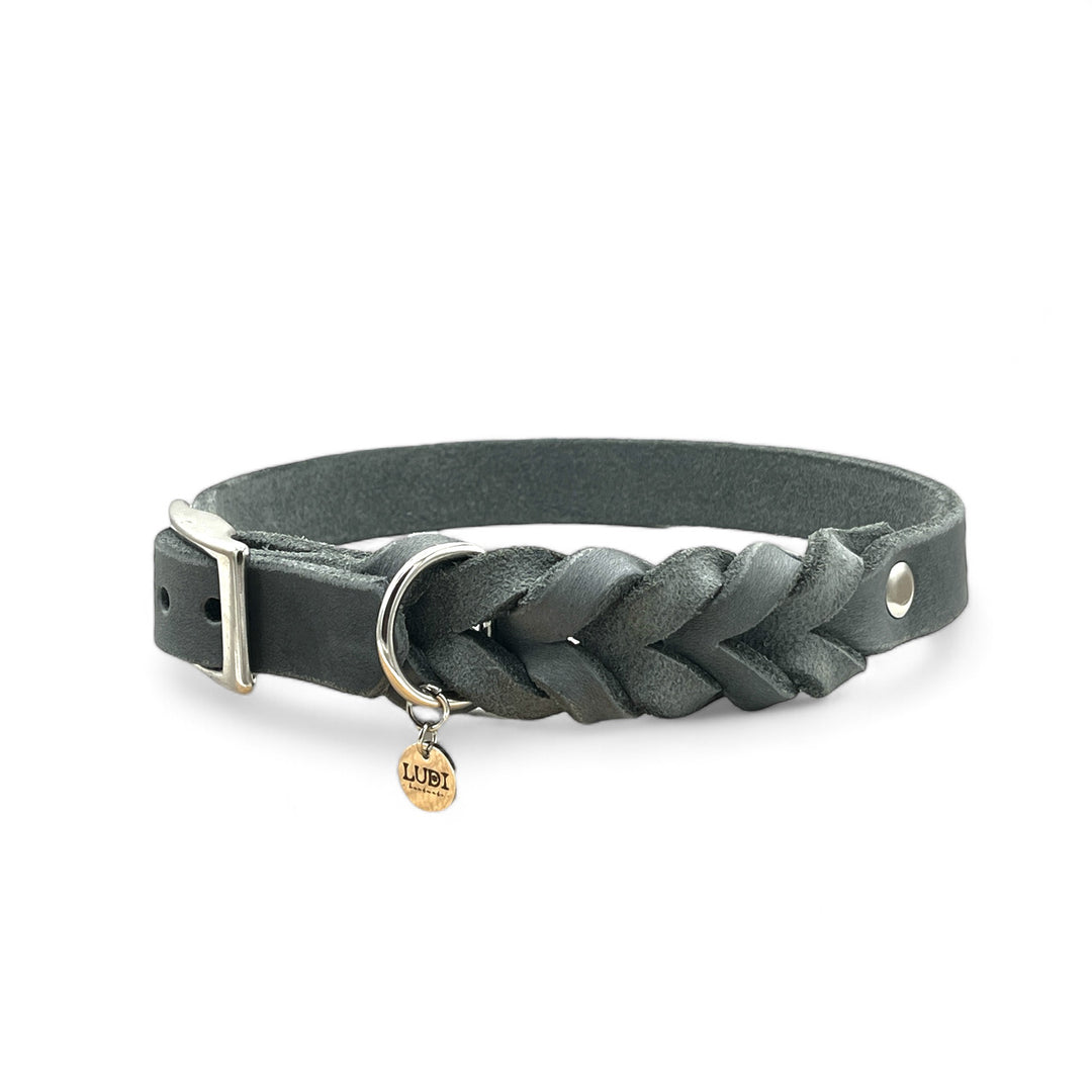 Leder Hundehalsband, ideal für kleine und große Hunde, geflochten und personalisiert, in grau
