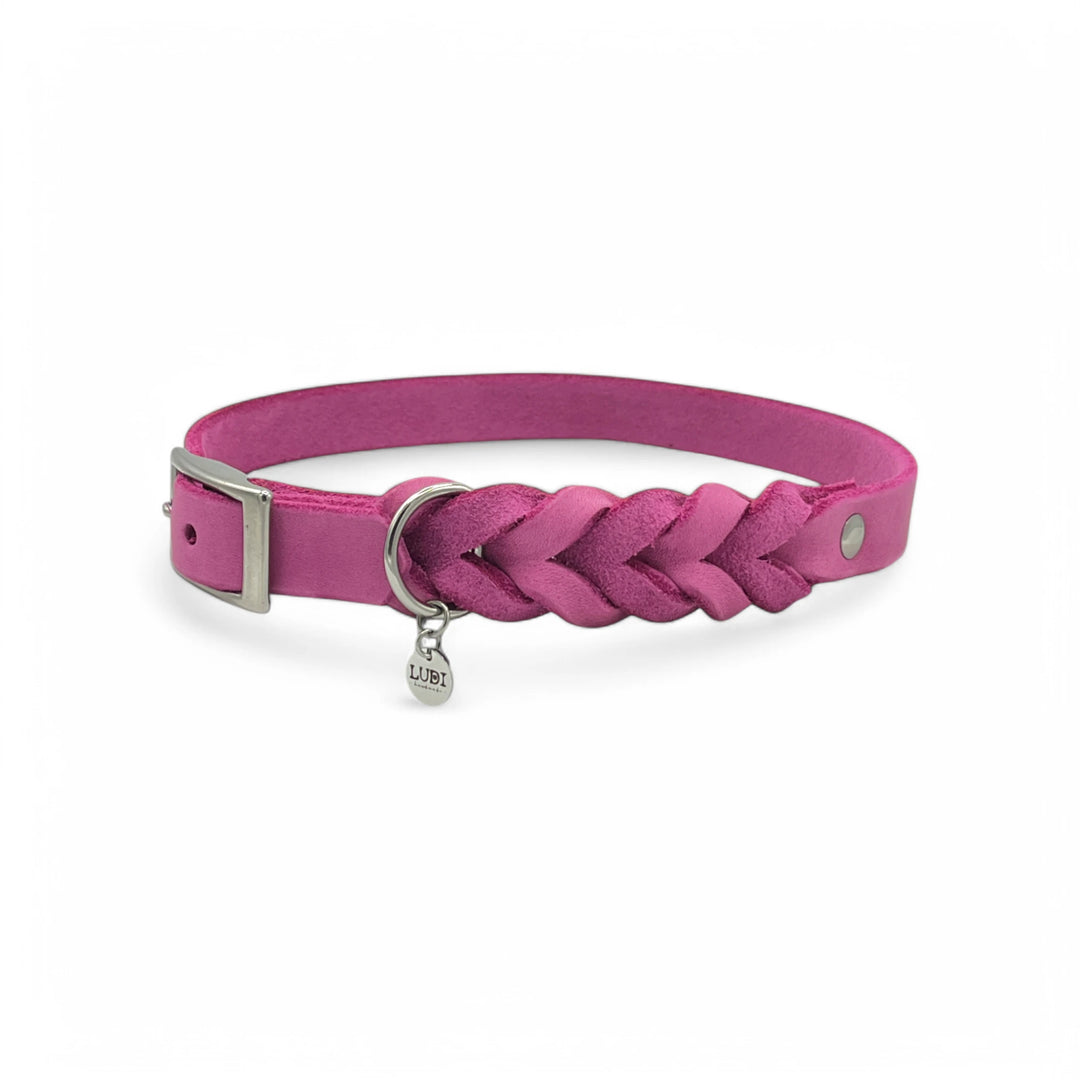 Leder Hundehalsband, ideal für kleine und große Hunde, geflochten und personalisiert, in pink
