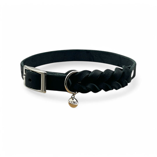 Leder Hundehalsband, ideal für kleine und große Hunde, geflochten und personalisiert, in schwarz