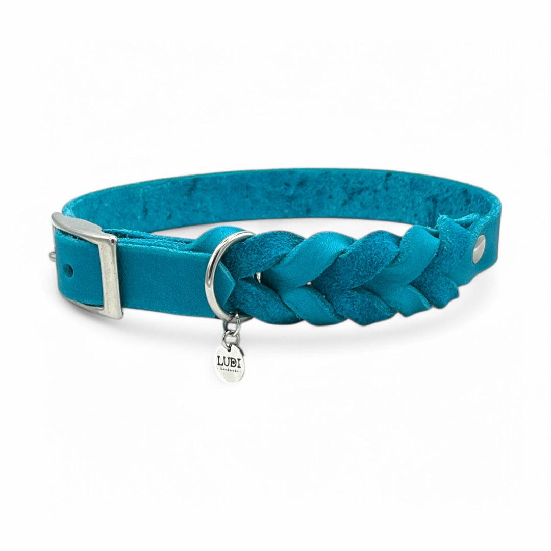 Leder Hundehalsband, ideal für kleine und große Hunde, geflochten und personalisiert, in türkis