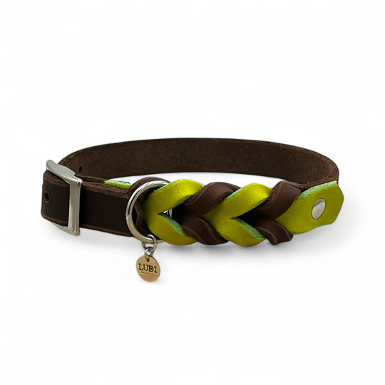 schönes und komfortables Halsband für Hunde in Leder, mit geflochtenem Detail, für jede Grösse, in Braun und Lime