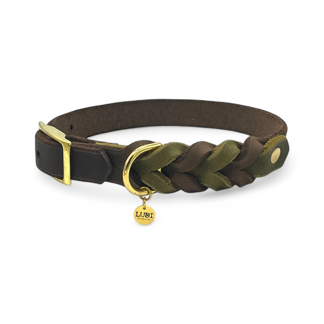 schönes und komfortables Halsband für Hunde in Leder, mit geflochtenem Detail, für jede Grösse, in oliv und Braun butterweich