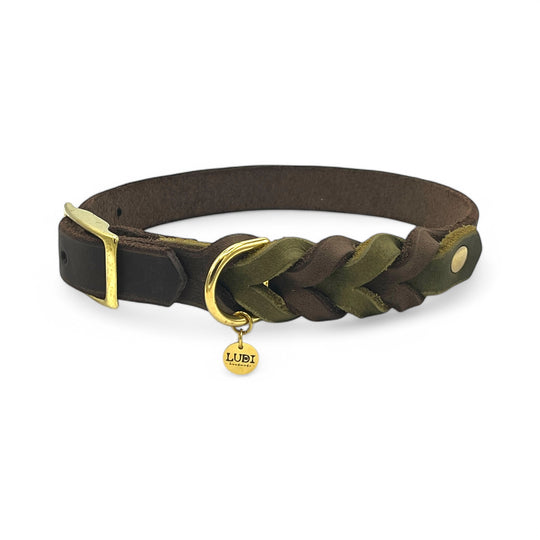 schönes und komfortables Halsband für Hunde in Leder, mit geflochtenem Detail, für jede Grösse, in oliv und Braun butterweich
