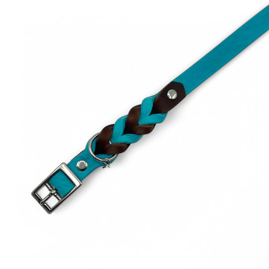schönes und komfortables Halsband für Hunde in Leder, mit geflochtenem Detail, für jede Grösse, in braun und türkis butterweich