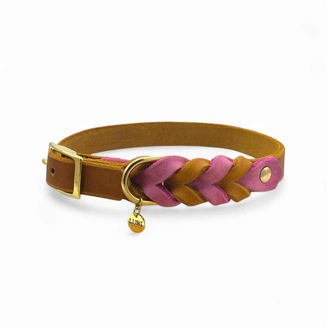 schönes und komfortables Halsband für Hunde in Leder, mit geflochtenem Detail, für jede Grösse, in Cognac und Pink