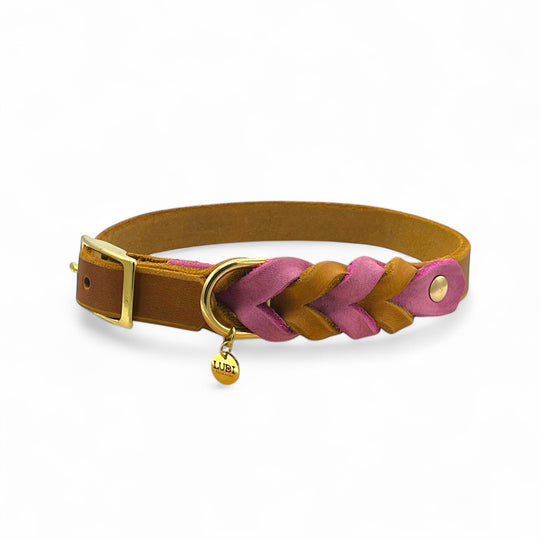schönes und komfortables Halsband für Hunde in Leder, mit geflochtenem Detail, für jede Grösse, in Cognac und Pink