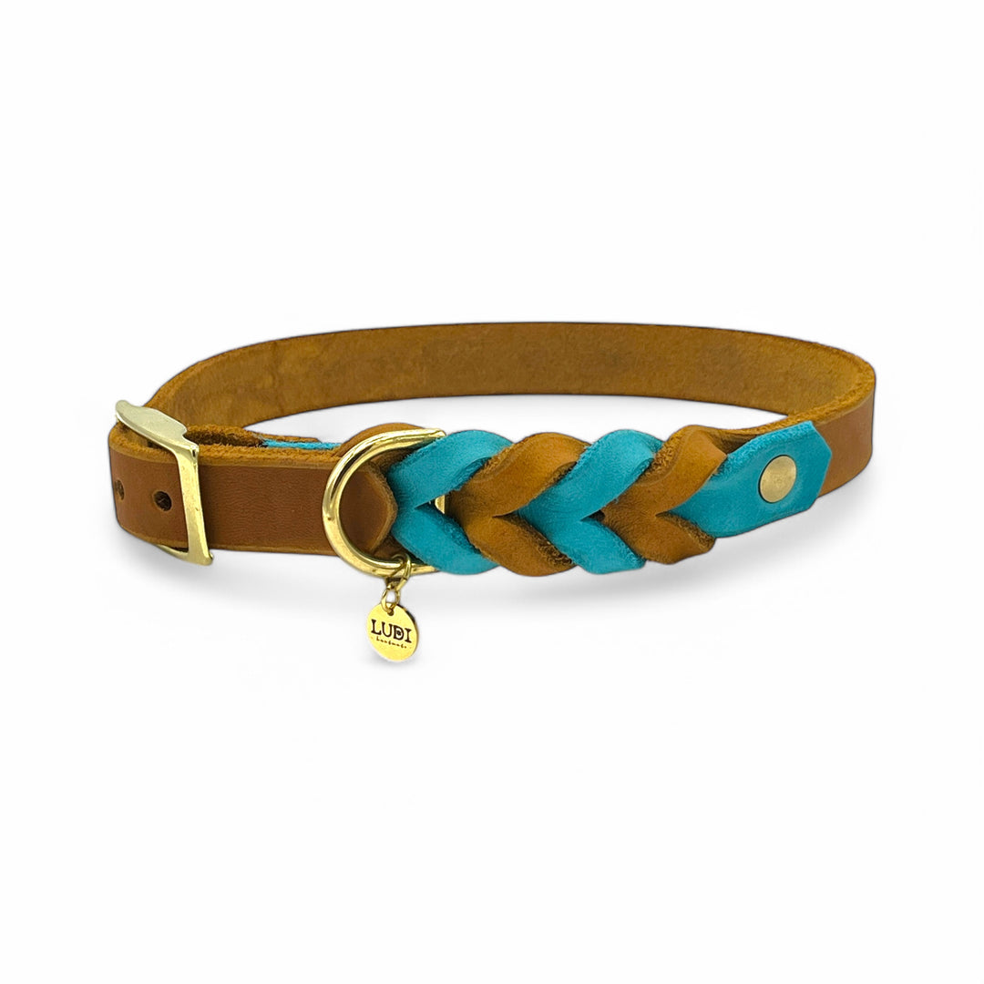 schönes und komfortables Halsband für Hunde in Leder, mit geflochtenem Detail, für jede Grösse, in Türkis und cognac