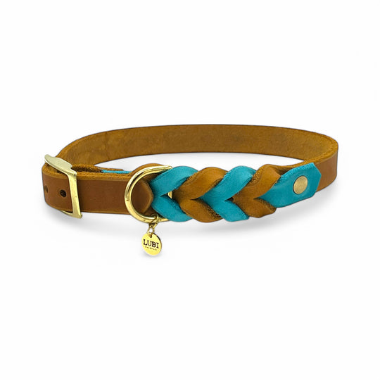 schönes und komfortables Halsband für Hunde in Leder, mit geflochtenem Detail, für jede Grösse, in Türkis und cognac