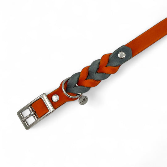 schönes und komfortables Halsband für Hunde in Leder, mit geflochtenem Detail, für jede Grösse, in orange und grau