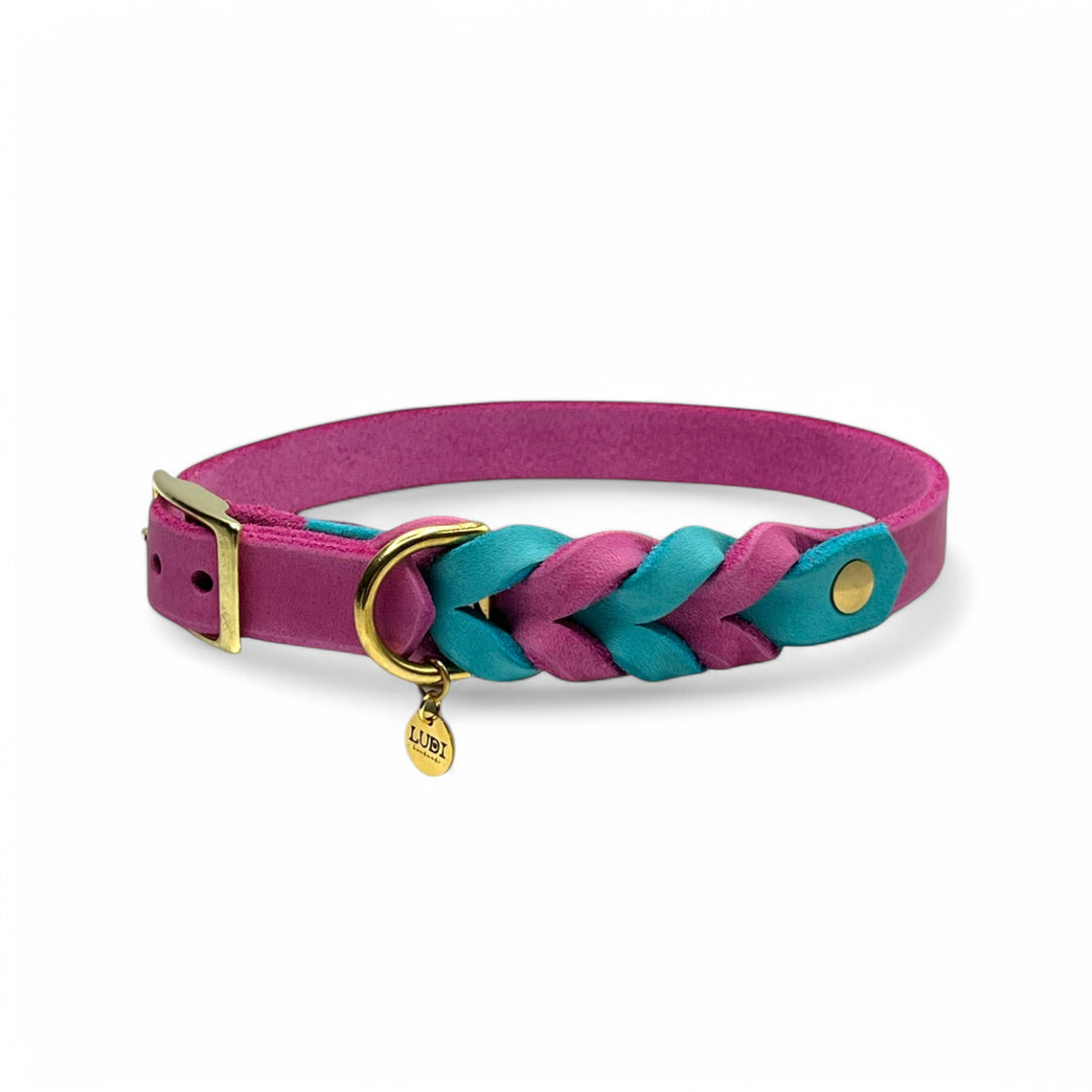 schönes und komfortables Halsband für Hunde in Leder, mit geflochtenem Detail, für jede Grösse, in pink und türkis butterweich