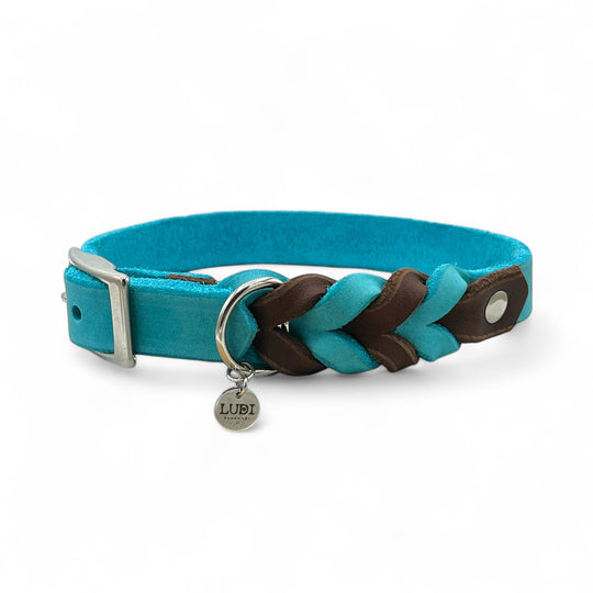 schönes und komfortables Halsband für Hunde in Leder, mit geflochtenem Detail, für jede Grösse, in Türkis und Braun butterweich