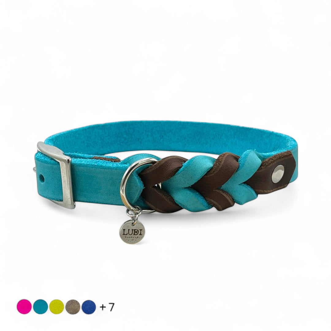 schönes und komfortables Halsband für Hunde in Leder, mit geflochtenem Detail, für jede Grösse, in Türkis und Braun