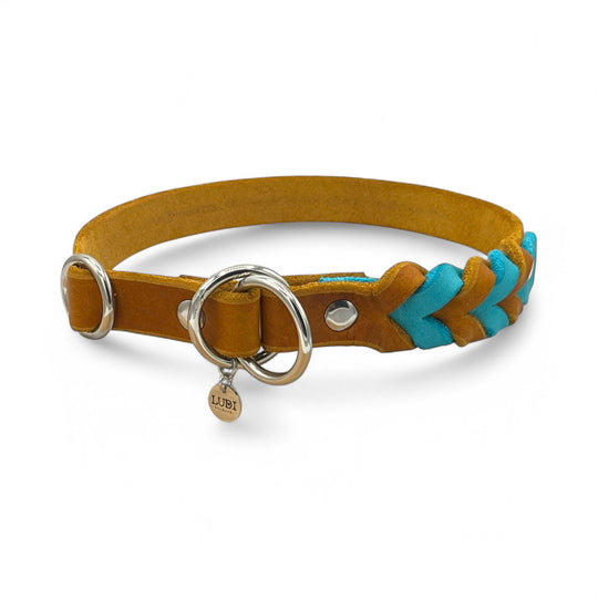 Zugstopp Halsband aus Biothane mit eingeflochtenem Leder, wasserfest und robust, handgefertigt für Hunde, hellblau cognac