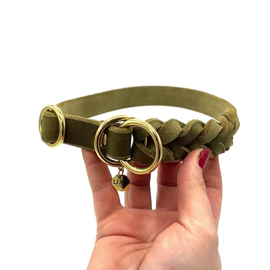 Handgefertigtes Zugstopp Halsband aus hochwertigem Fettleder in oliv, ideal für alle Hunde, personalisiert mit Namen und Telefonnummer, video