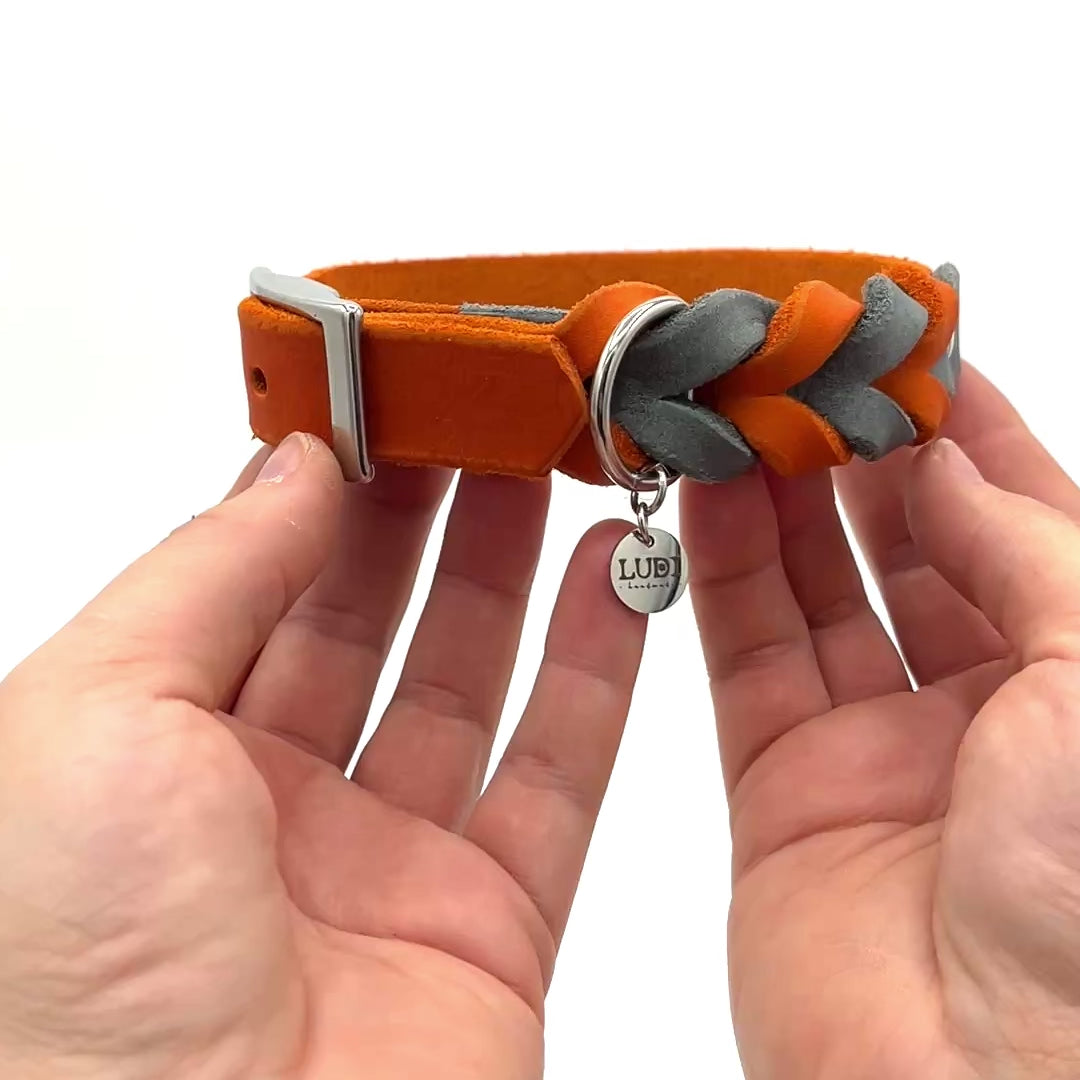 hundehalsband-leder-schick-geflochten-orange-grau-video