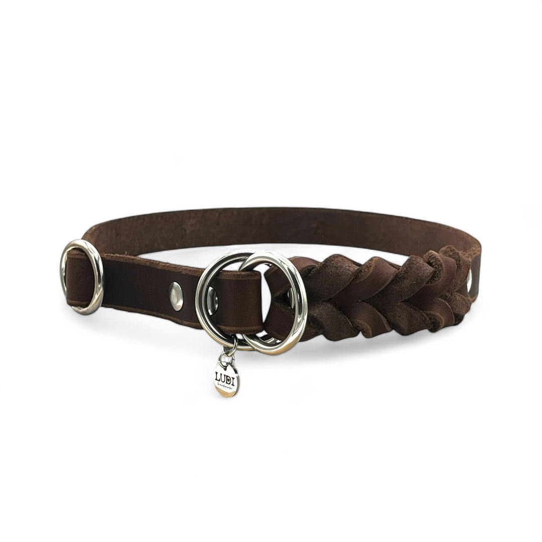 Handgefertigtes Zugstopp Halsband aus hochwertigem Fettleder in braun, ideal für alle Hunde, personalisiert mit Namen und Telefonnummer