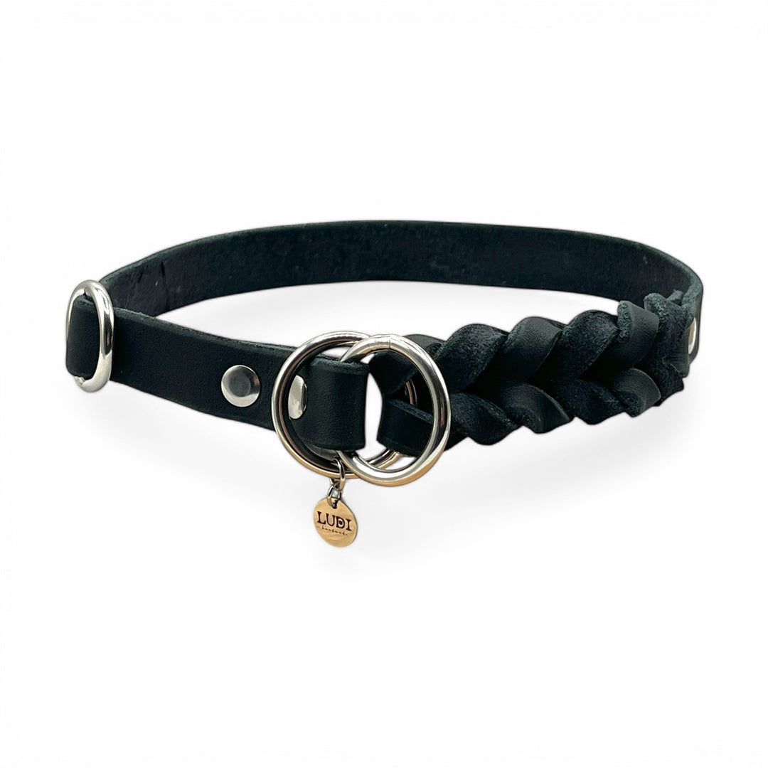 Handgefertigtes Zugstopp Halsband aus hochwertigem Fettleder in schwarz ideal für alle Hunde, personalisiert mit Namen und Telefonnummer