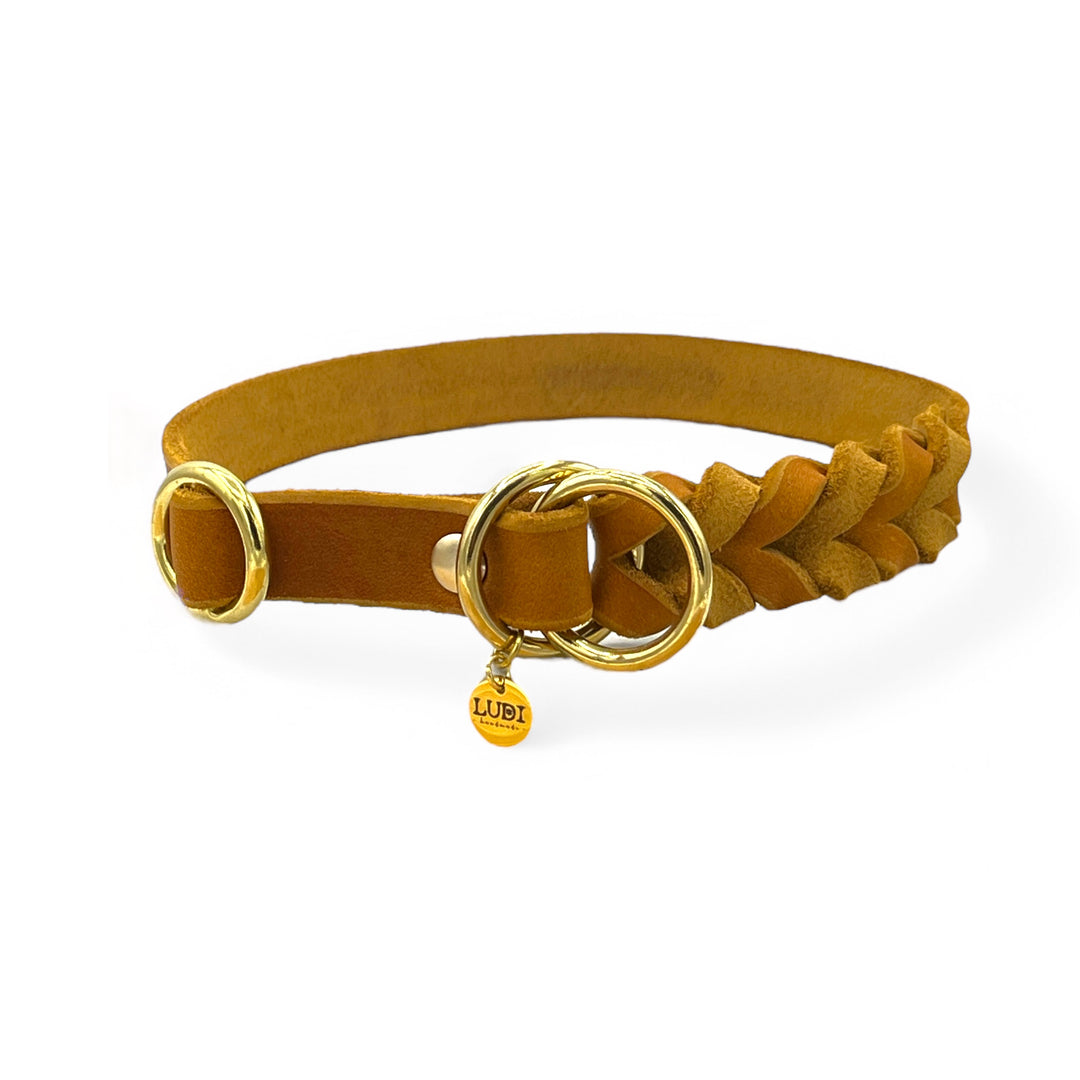 Handgefertigtes schönes Zugstopp Halsband aus hochwertigem Fettleder in cognac, ideal für alle Hunde, personalisiert mit Namen und Telefonnummer