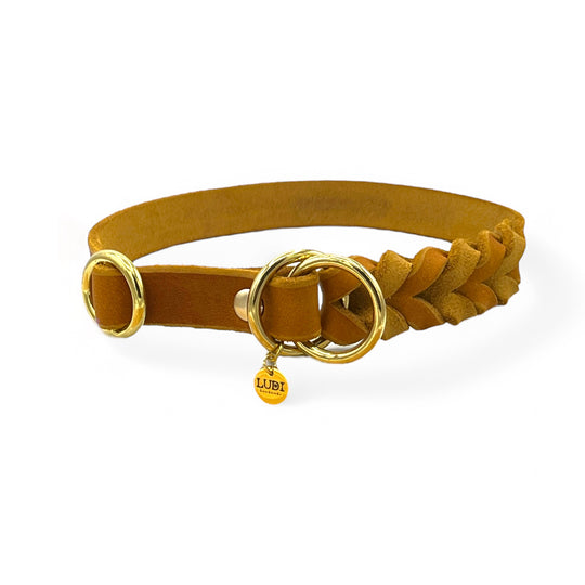 Handgefertigtes schönes Zugstopp Halsband aus hochwertigem Fettleder in cognac, ideal für alle Hunde, personalisiert mit Namen und Telefonnummer