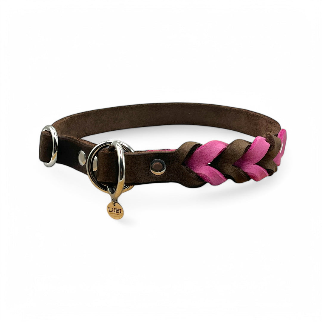 Zugstopp Halsband aus hochwertigem Fettleder, in braun und pink, ideal für kleine und grosse Hunde, personalisiert mit Namen und Telefonnummer Gravur