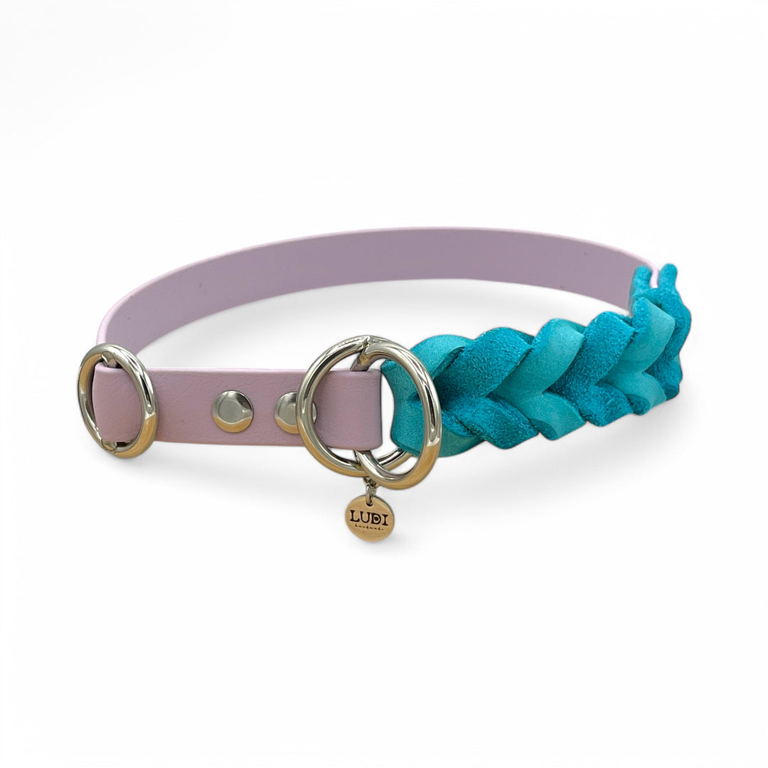 Zugstopp Halsband aus Biothane mit eingeflochtenem Leder, wasserfest und robust, handgefertigt für Hunde, flieder türkis