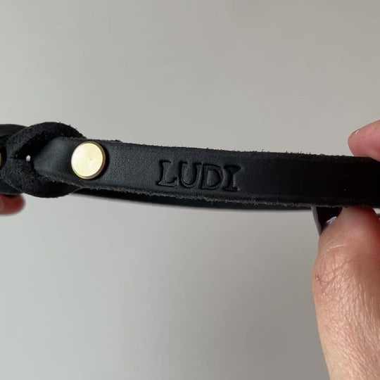 leichtes Hundehalsband Video, ideal für Hundemarken, handgefertigt aus robustem Leder in schwarz, personalisiert