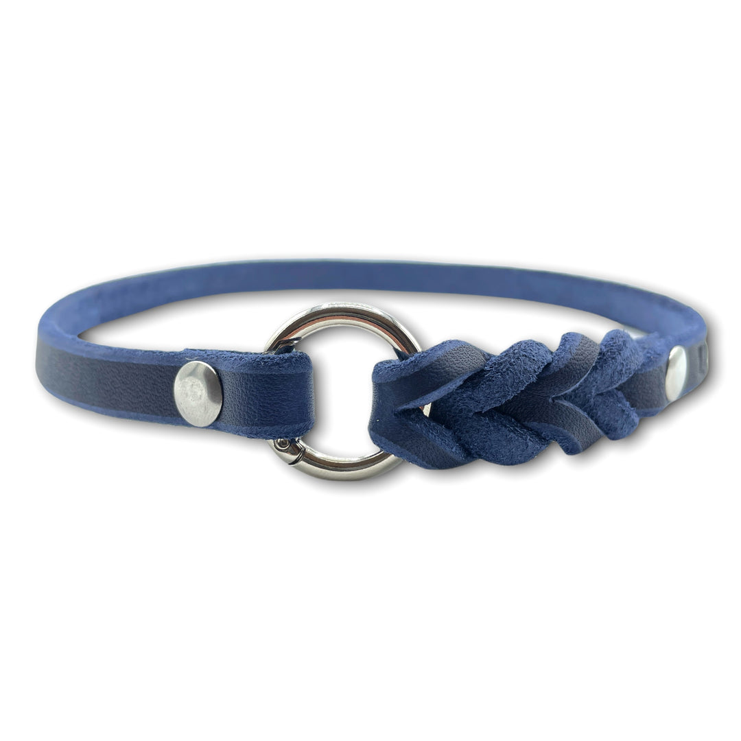 schmales Hundehalsband, ideal für Hundemarken, handgefertigt aus robustem Leder in Blau, personalisierbar