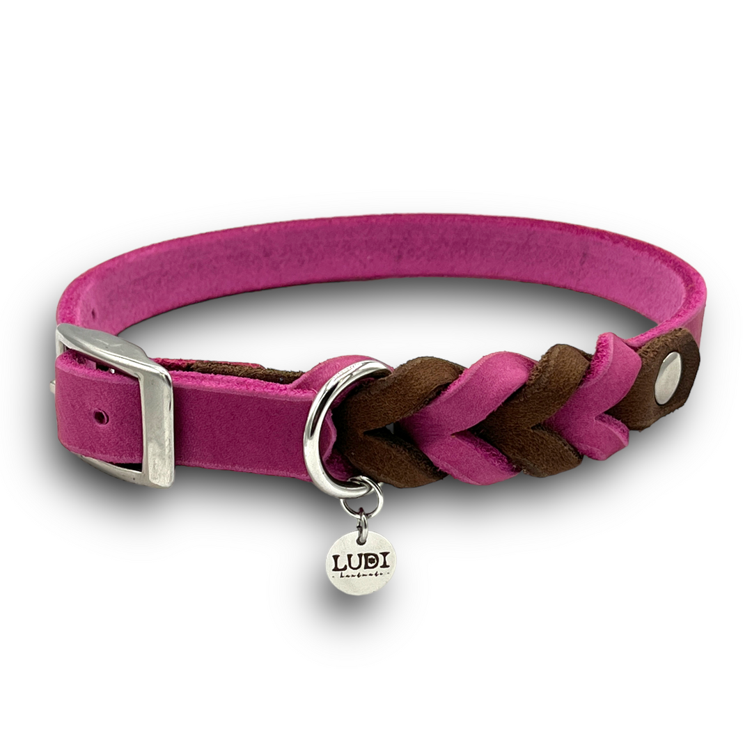 schönes und komfortables Halsband für Hunde in Leder, mit geflochtenem Detail, für jede Grösse, in pink und braun