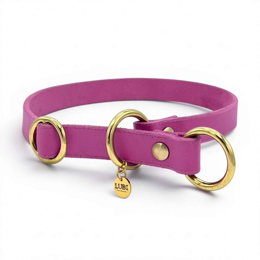 Personalisiertes Zugstopp Halsband aus pinkem Fettleder für Hunde