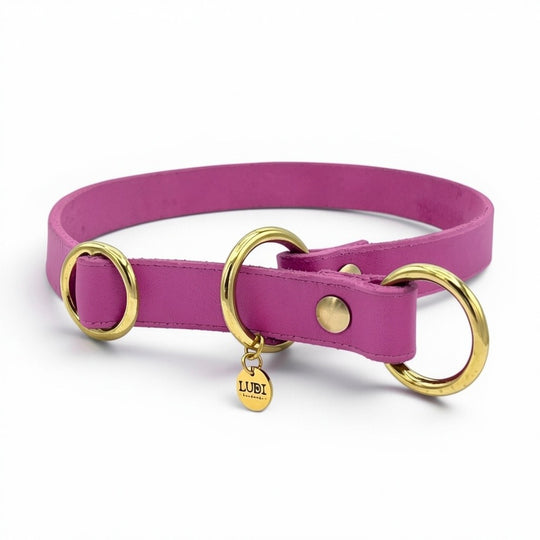 Personalisiertes Zugstopp Halsband aus pinkem Fettleder für Hunde
