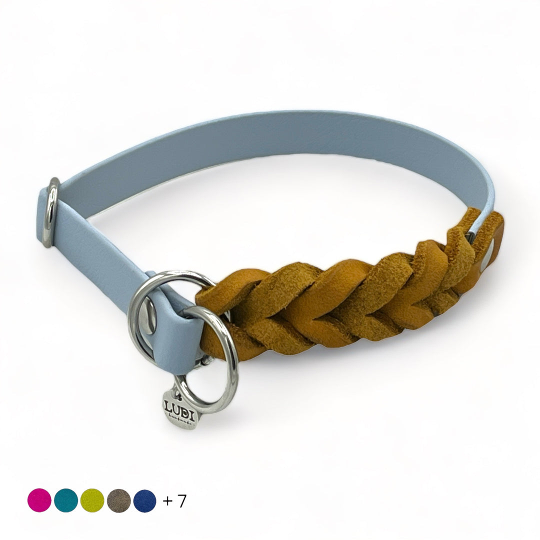 Zugstopp Halsband aus Biothane mit eingeflochtenem Leder, wasserfest und robust, handgefertigt für Hunde, hellblau cognac, farbauswahl