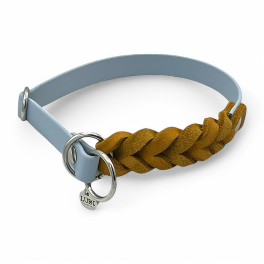 Zugstopp Halsband aus Biothane mit eingeflochtenem Leder, wasserfest und robust, handgefertigt für Hunde, hellblau cognac