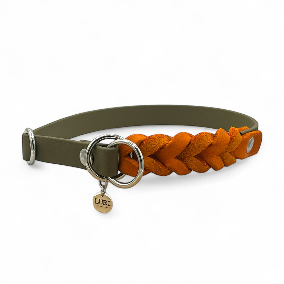 Zugstopp Halsband aus Biothane mit eingeflochtenem Leder, wasserfest und robust, handgefertigt für Hunde, oliv orange