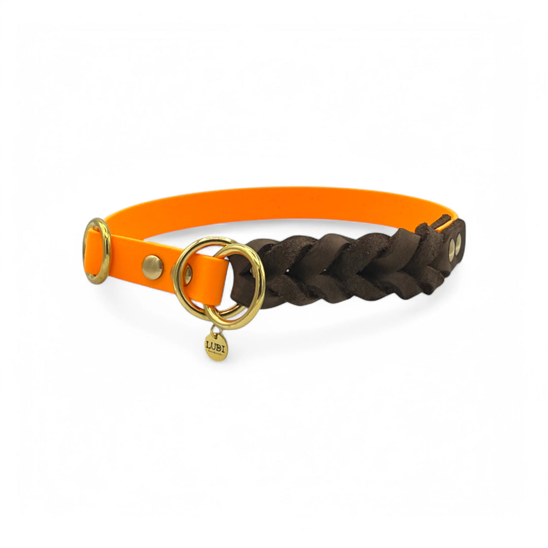 Zugstopp Halsband aus Biothane mit eingeflochtenem Leder, wasserfest und robust, handgefertigt für Hunde, orange braun