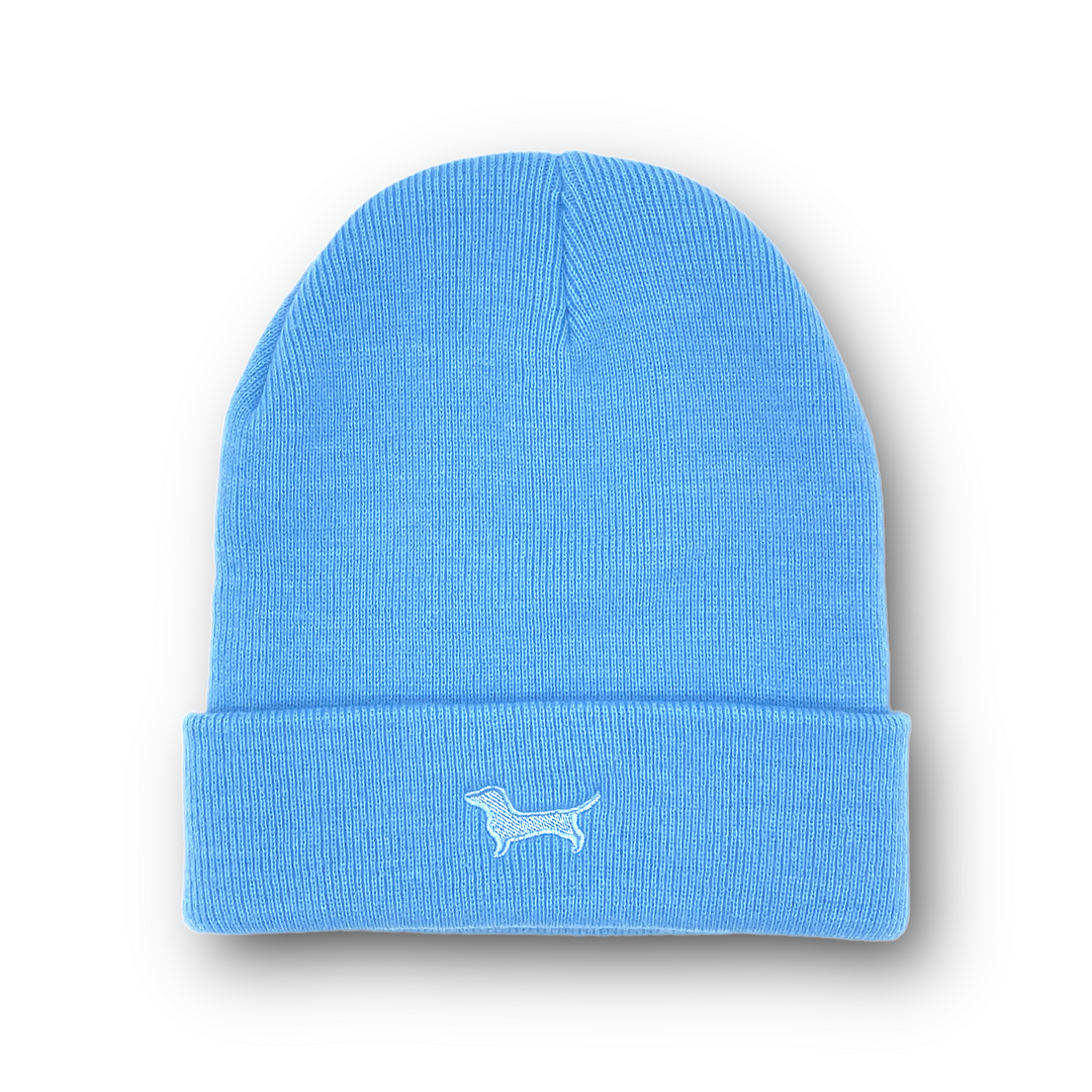 Stylische Beanie - Mütze mit gesticktem Dackel-Motiv für Hunde-Fans, in hellblau