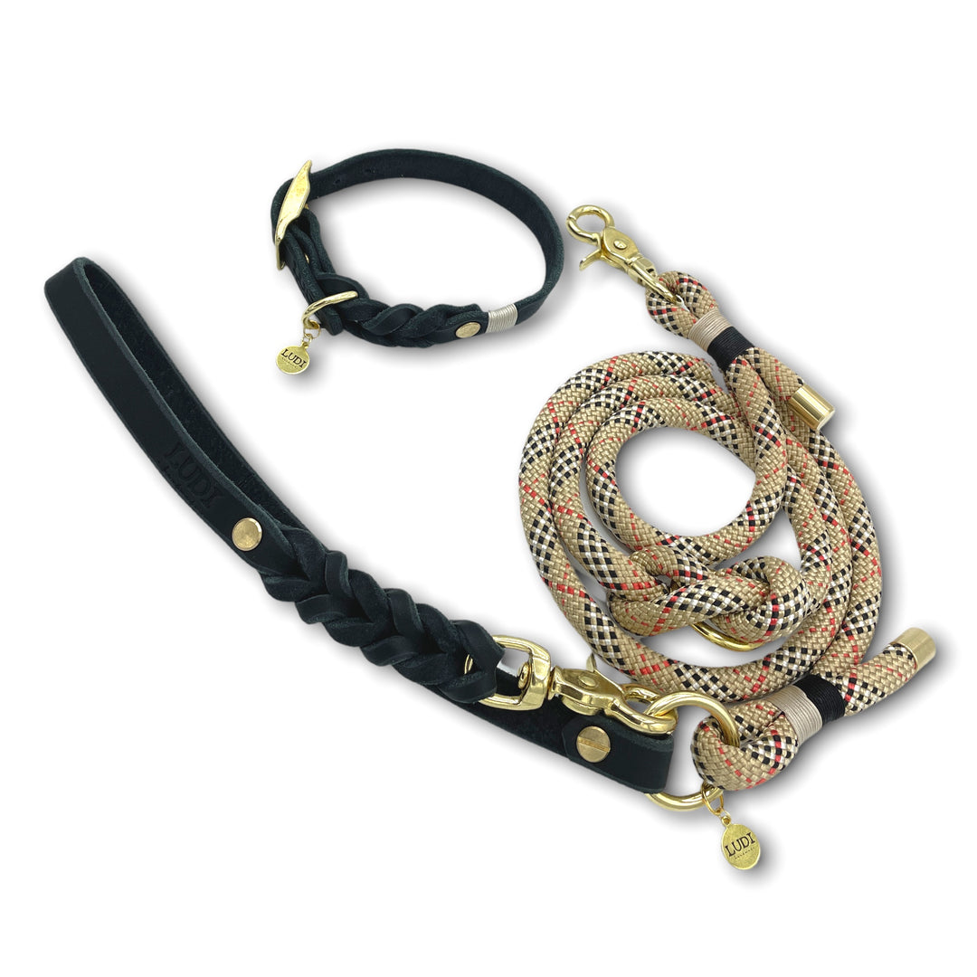Schöne und schicke Paracord Leine und Halsband aus Leder, handgefertigt und robust, in beige und schwarz