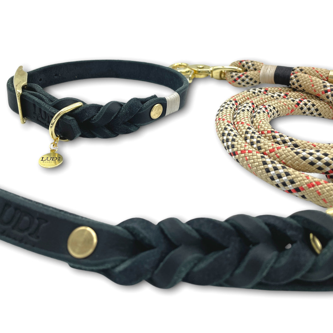 Schöne und schicke Paracord Leine und Lederhalsband, handgefertigt und robust, in beige und schwarz, nahaufnahme