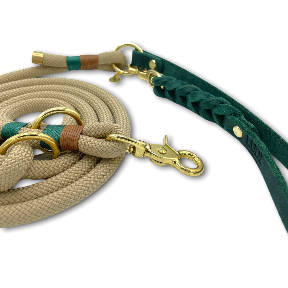 Paracord Leine, robust leicht und schön, verschiedene Längen erhältlich, in beige und grün, nahaufnahme