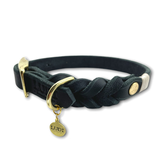 Schöne und schicke Paracord Leine und Lederhalsband, handgefertigt und robust, in beige und schwarz, nahaufnahme 3