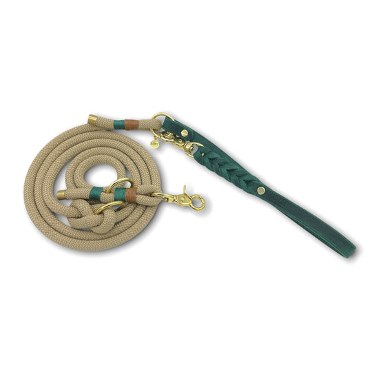 Schöne und schicke Paracord Leine aus Leder, handgefertigt und robust, in beige und grün