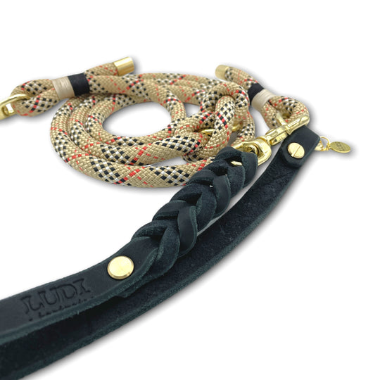 Schöne und schicke Paracord Leine und Lederhalsband, handgefertigt und robust, in beige und schwarz, nahaufnahme 2