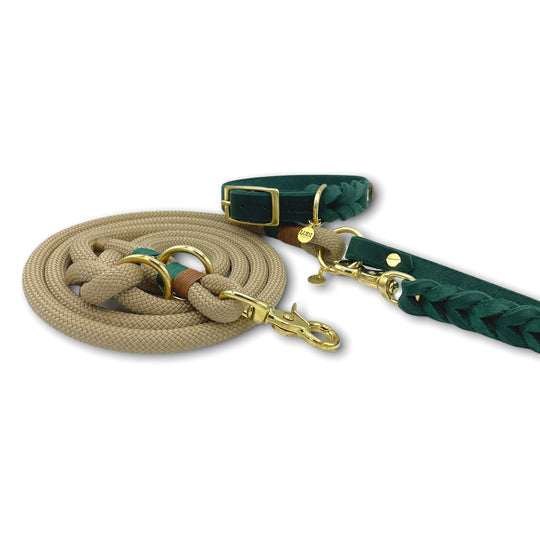 Schöne und schicke Paracord Leine und Halsband aus Leder, handgefertigt und robust, in beige und grün